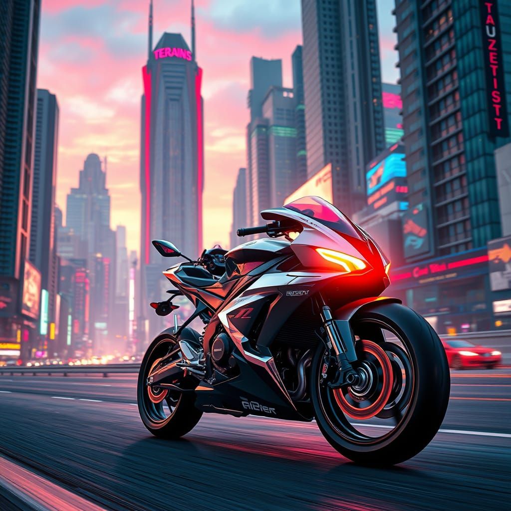 Futuristic Motorcycle Speeds Through Cyberpunk Cityscape