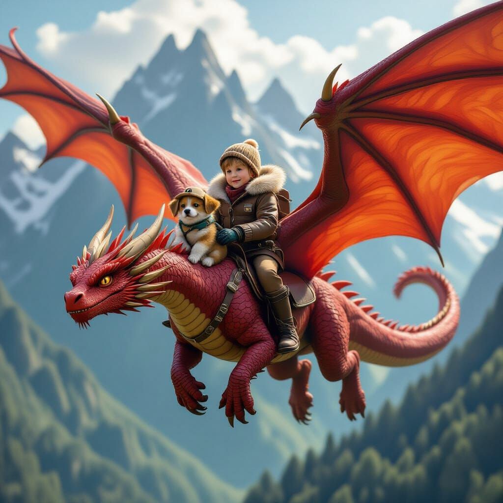 Child Flying Dragon with Puppy in Photorealistic Style