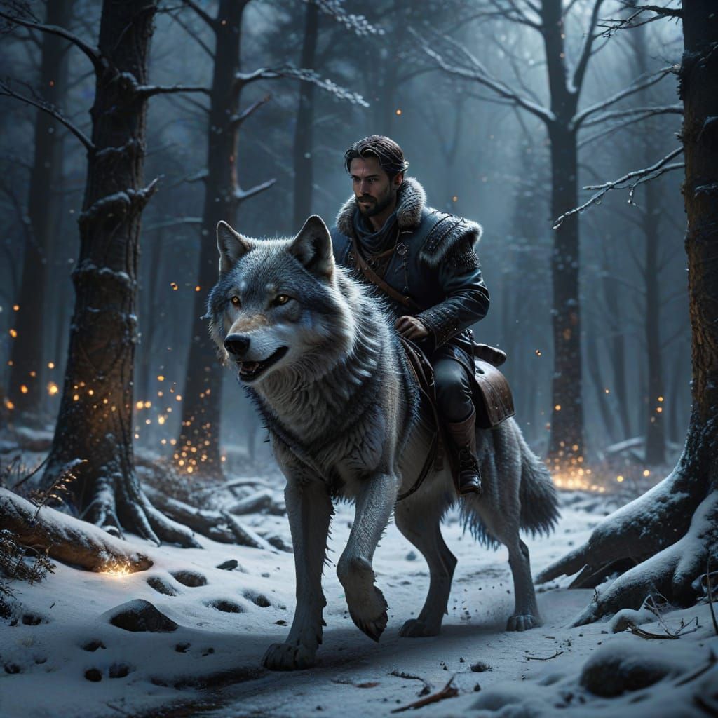Elegant Grey Wolf and Rider in Snowy Woodland