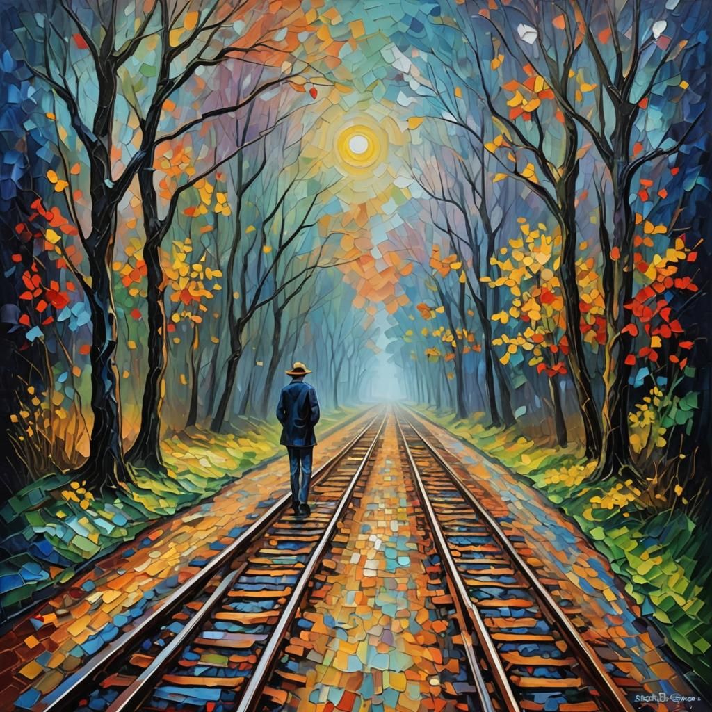 Dreamlike Railway in Expressionist Neo-Impressionism Style