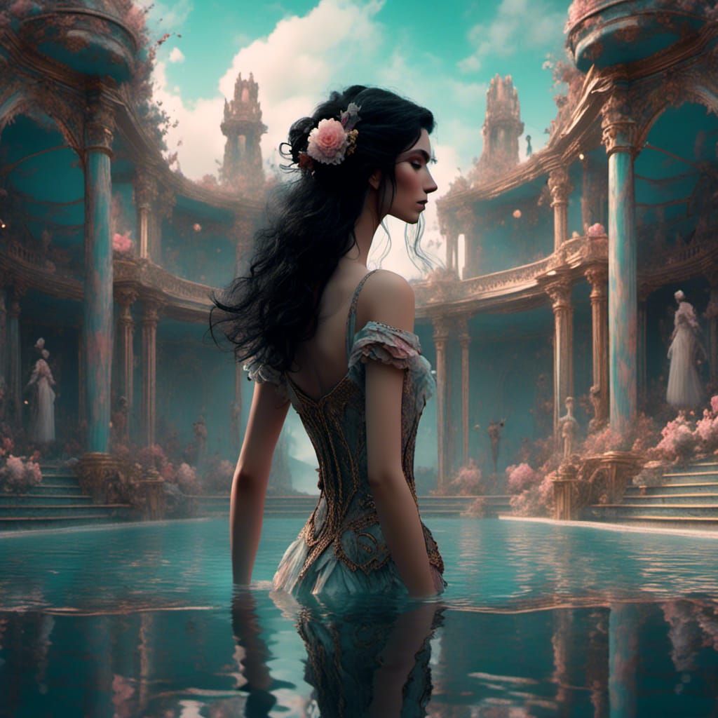 Stunning Woman in Pool: Victorian Watercolor Art