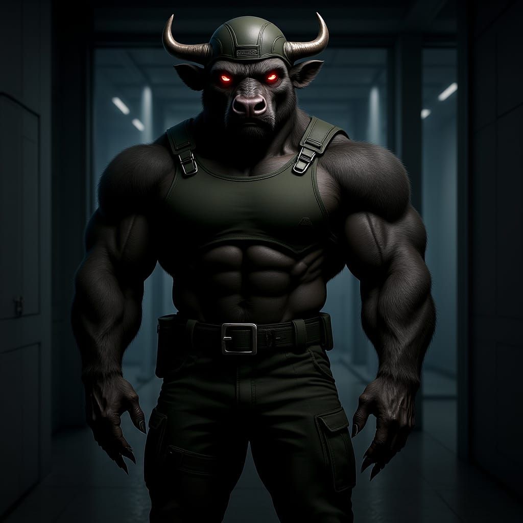 Muscular Anthropomorphic Bull in Army Uniform