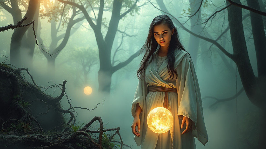 Mystical Woman Seeks Guidance in Enchanted Forest