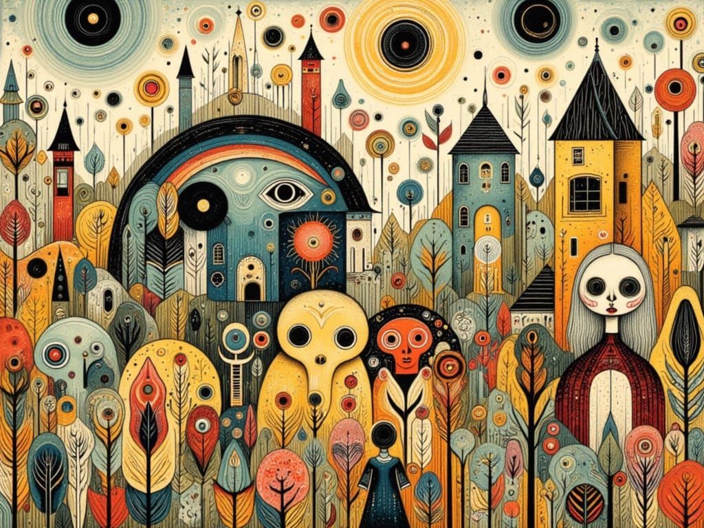 Whimsical Woodcut Folk Art in Earthy Minimalism