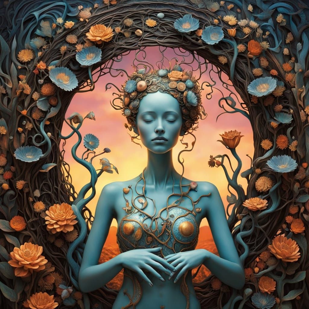 Surreal Fragmented Sculpture with Mystical Shaman and Glowin...