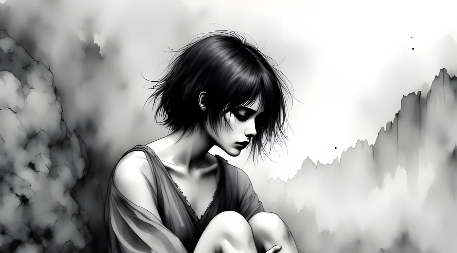 Ethereal Norse Goddess in Monochrome Ink Drip Charcoal