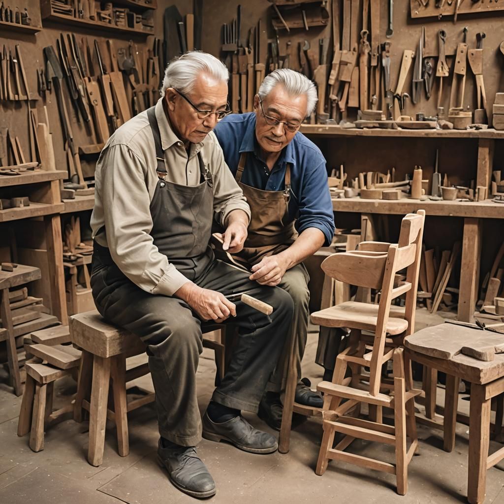 Grandfather Teaches Chair Making Art to Grandson