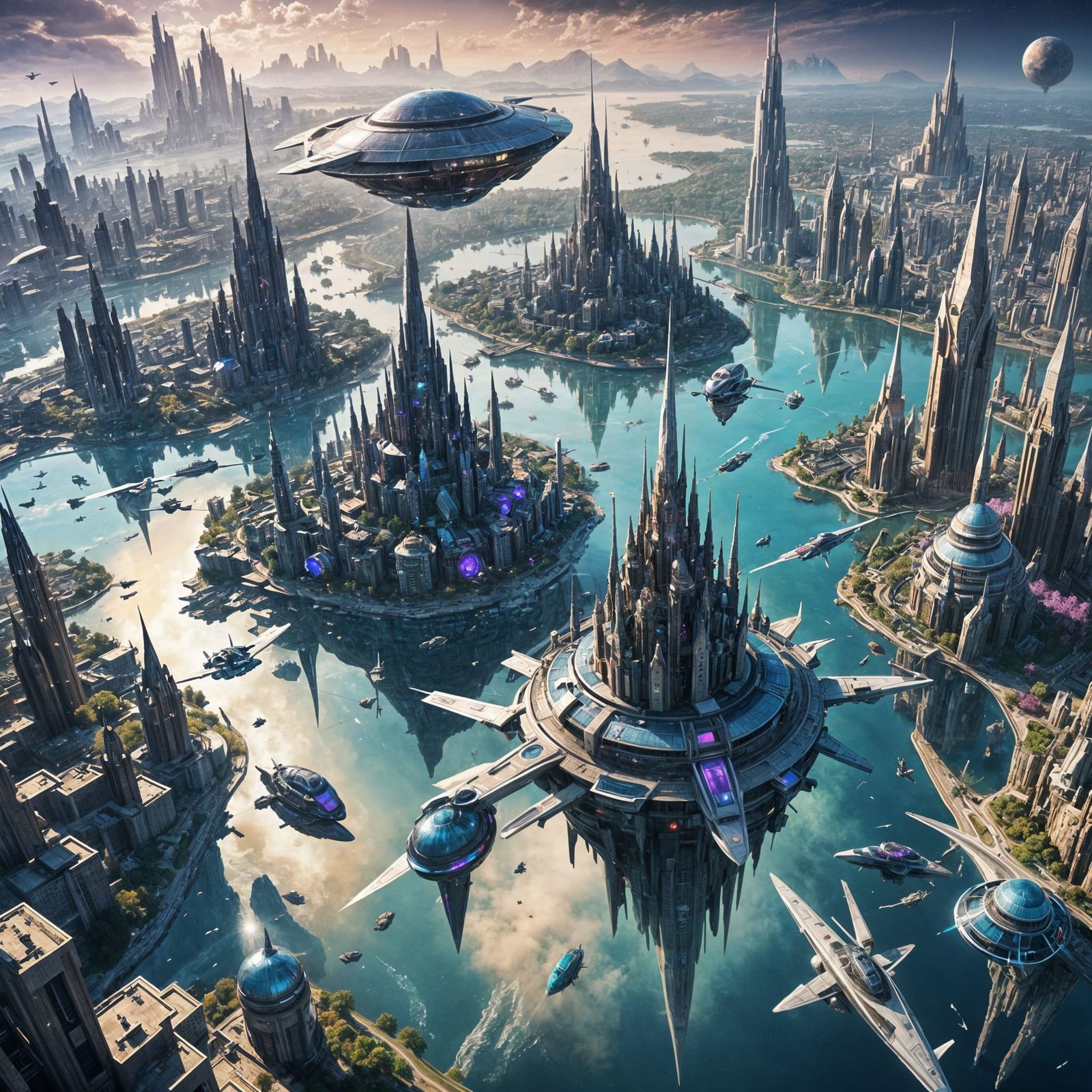Ethereal Futuristic Metropolis with Iridescent Spires and Sp...