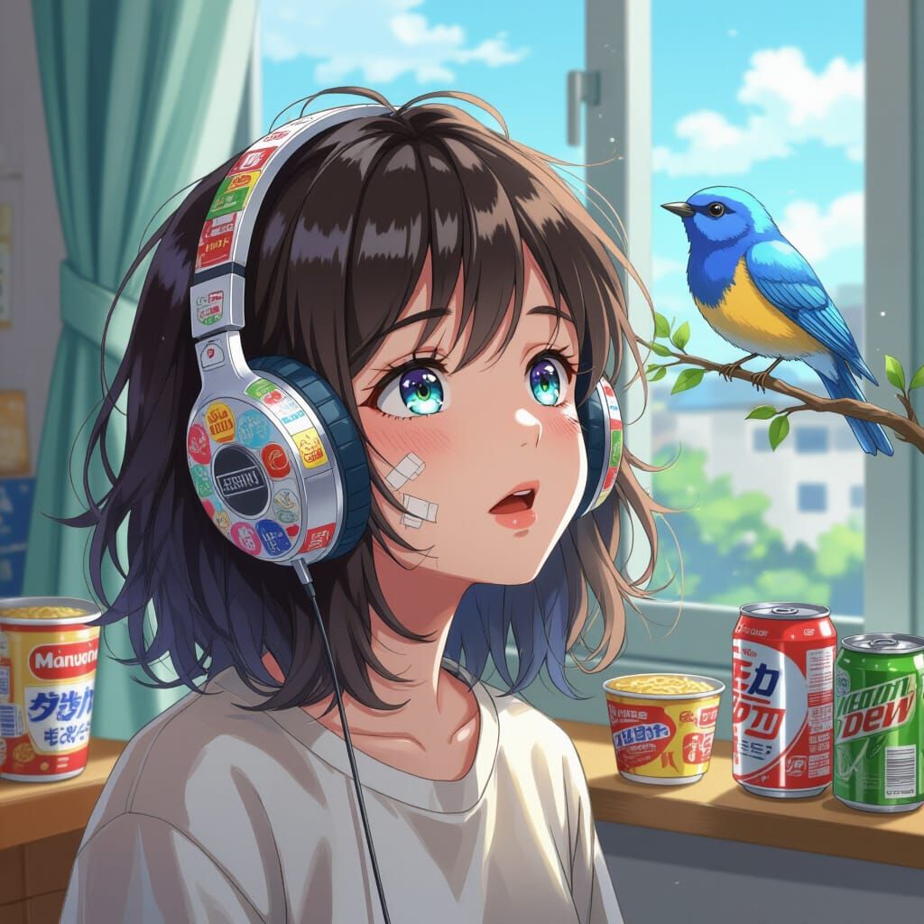 Anime Girl with Headphones and Blue Bird, Vintage Style