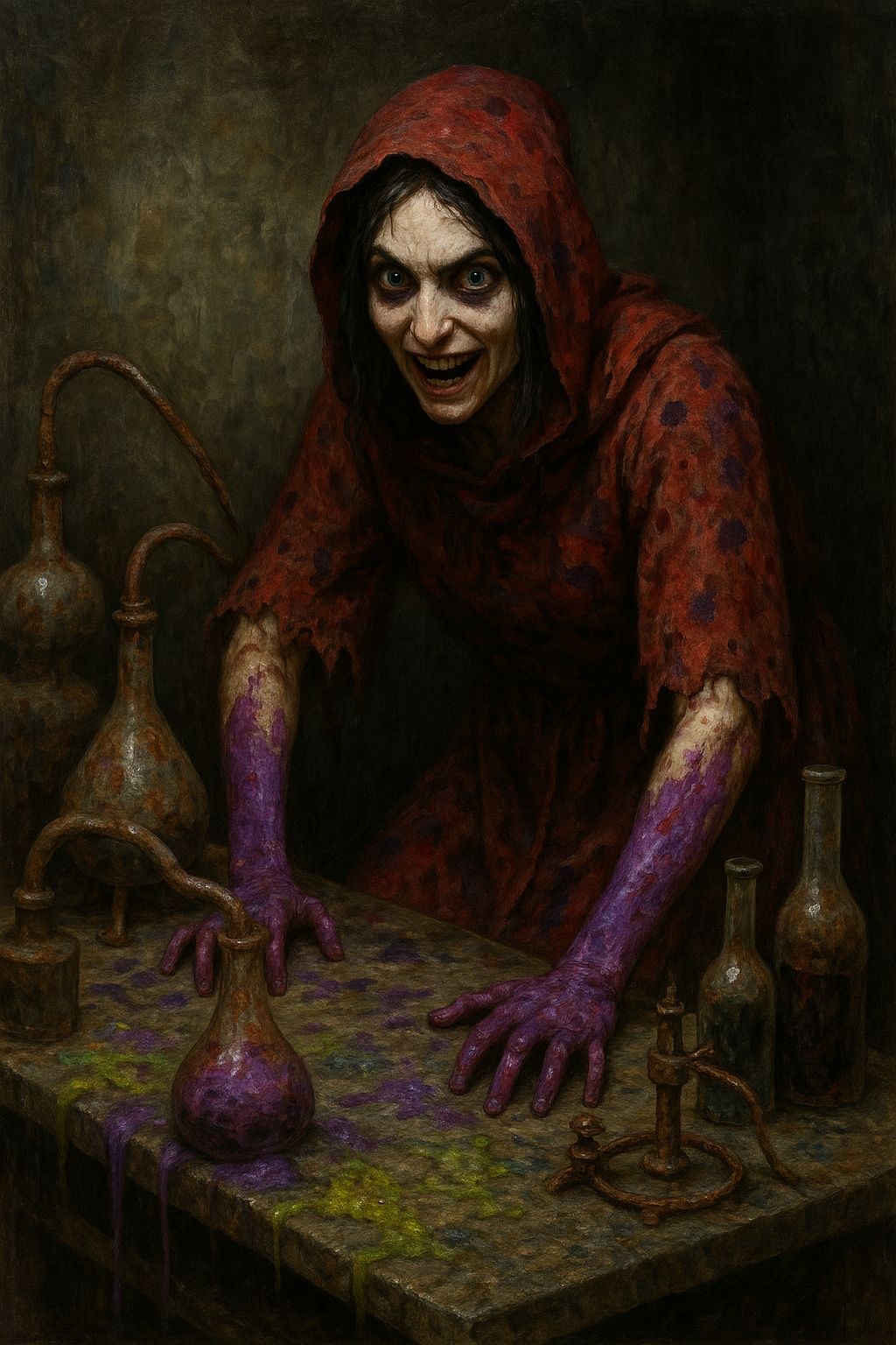 Deranged Alchemist Brewing Purple Potions