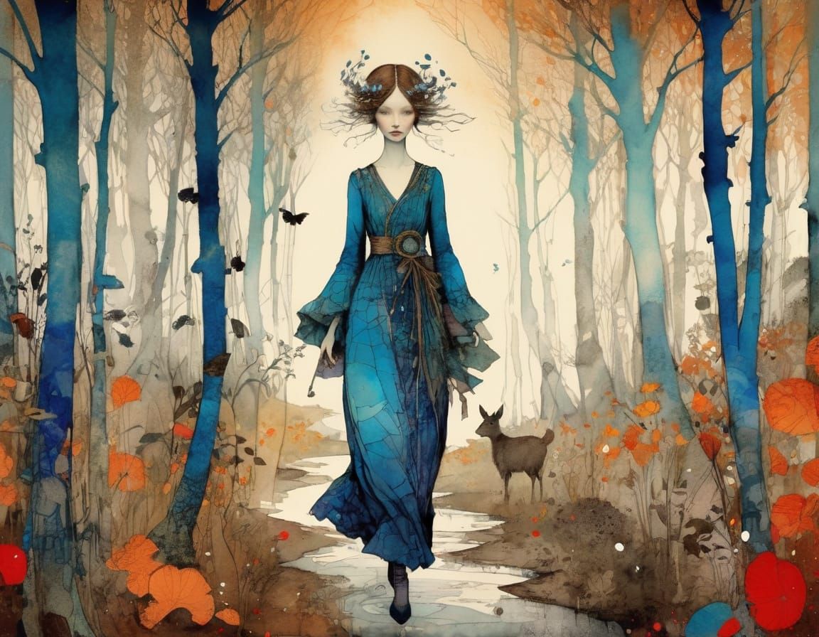 Ethereal Goddess Amidst Whimsical Forest