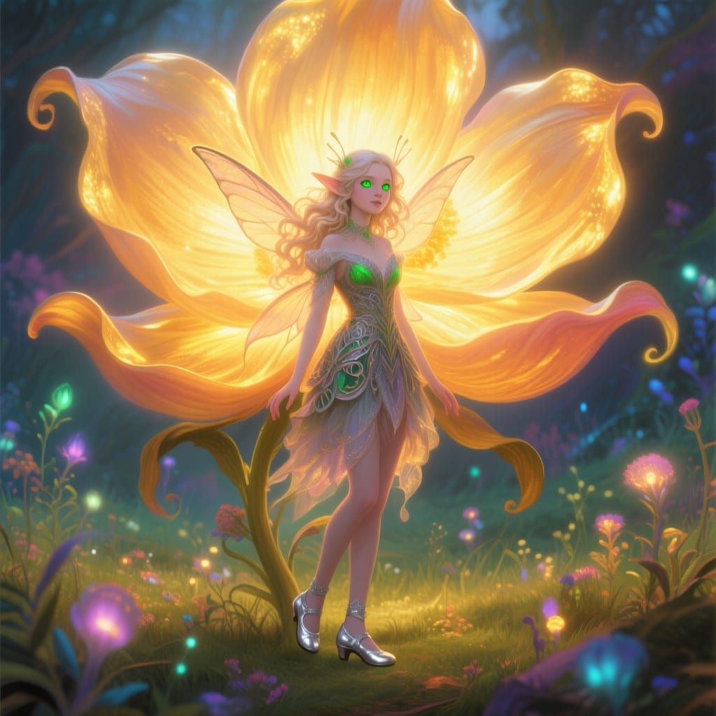 Glowing Fantasy Flower with Fairy in Dreamlike Meadow