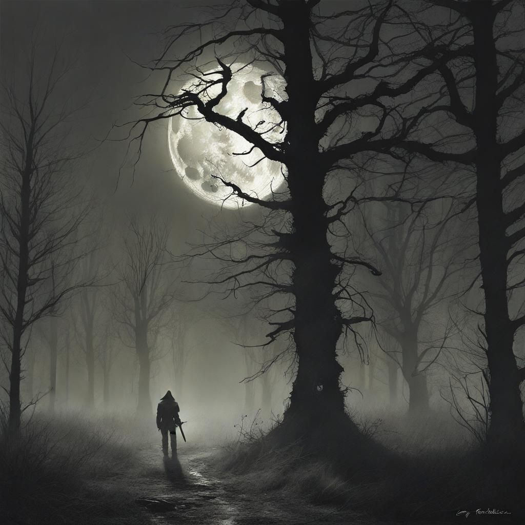 Sinister Full Moon Over Misty Woods