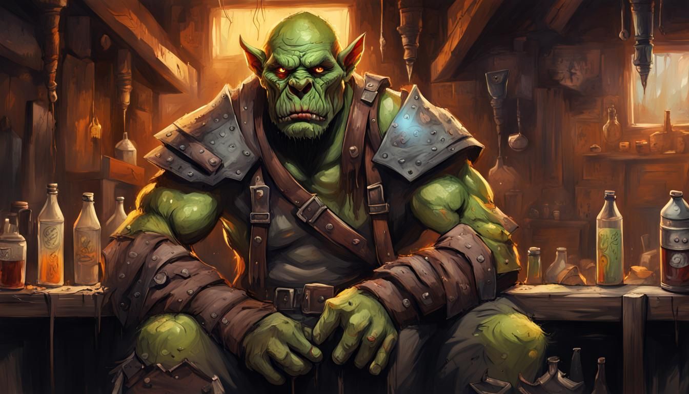 Orc Ranger in Tavern: Graffiti Art Style