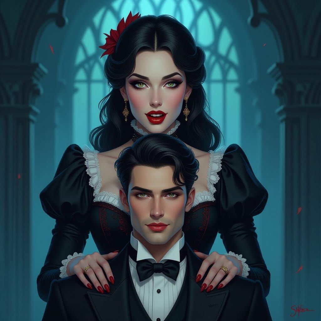 Victorian Vampire Woman in Dark Mystical Scene