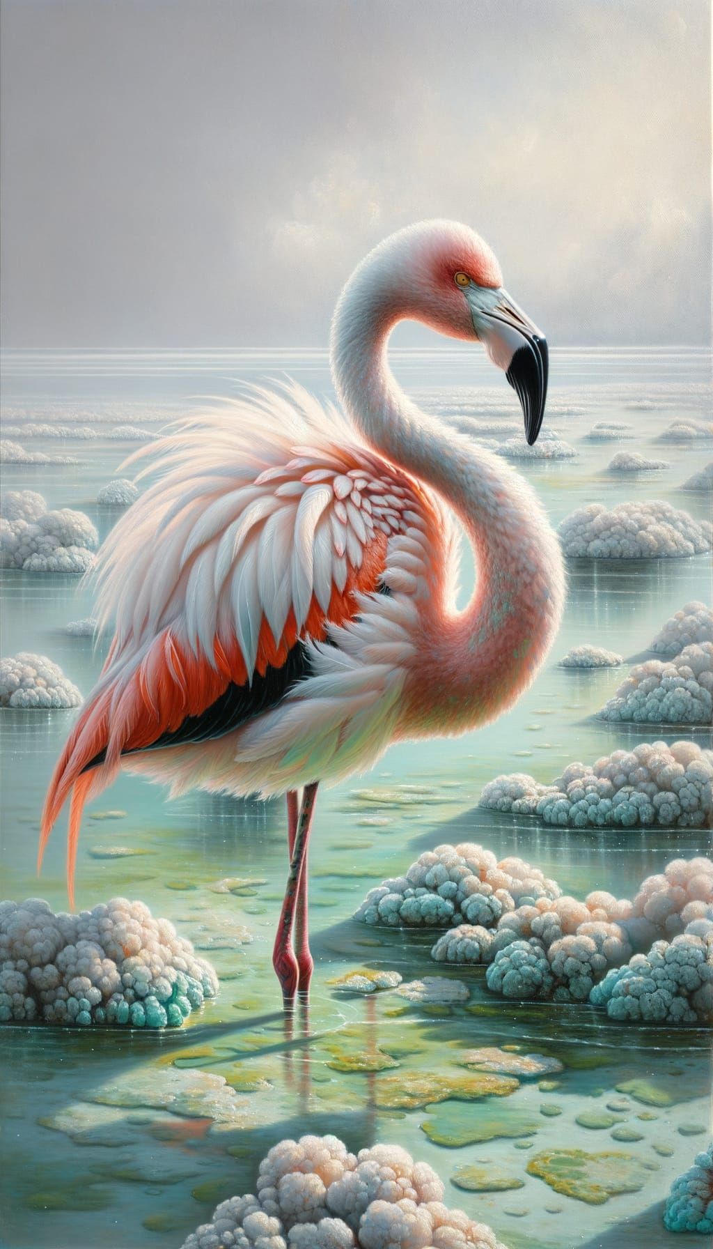 Classical Realism Oil Painting of a Greater Flamingo in Lago...