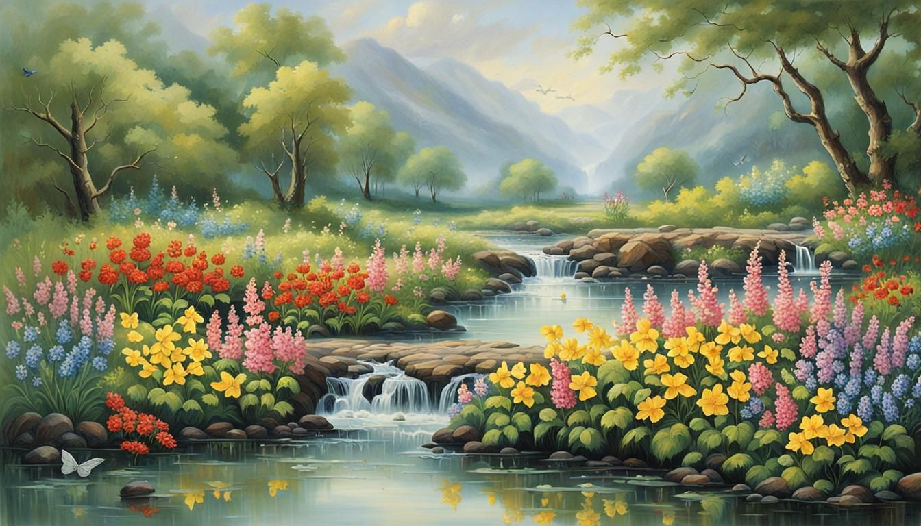 Spring Rain Shower: Vibrant Flowers and Gentle Mist