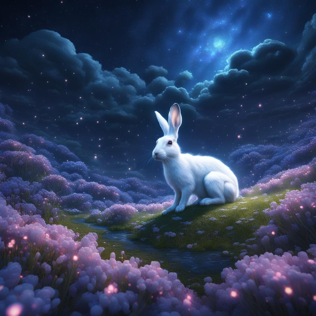 White Hare Floats Through Starry Sky as Impressionist Art