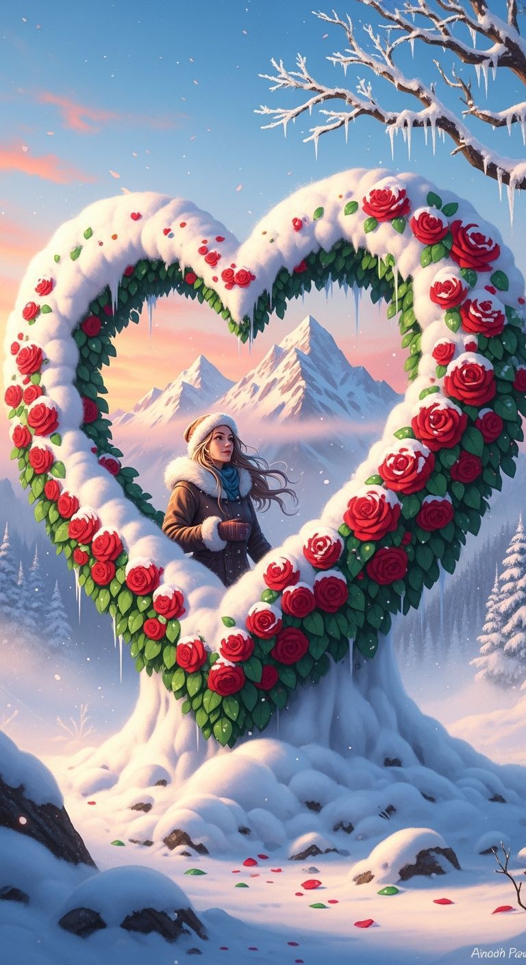 Dreamy Snowy Landscape with Heart Frame