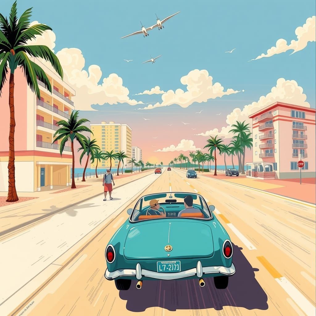 Madcap Car Chase on Miami Beach: Cartoon Style