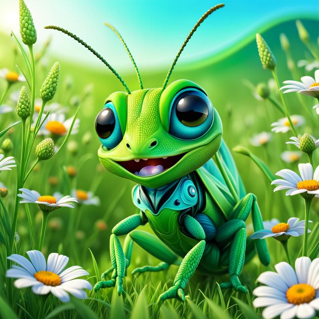 Cute Grasshopper Sniffing Flower in Meadow