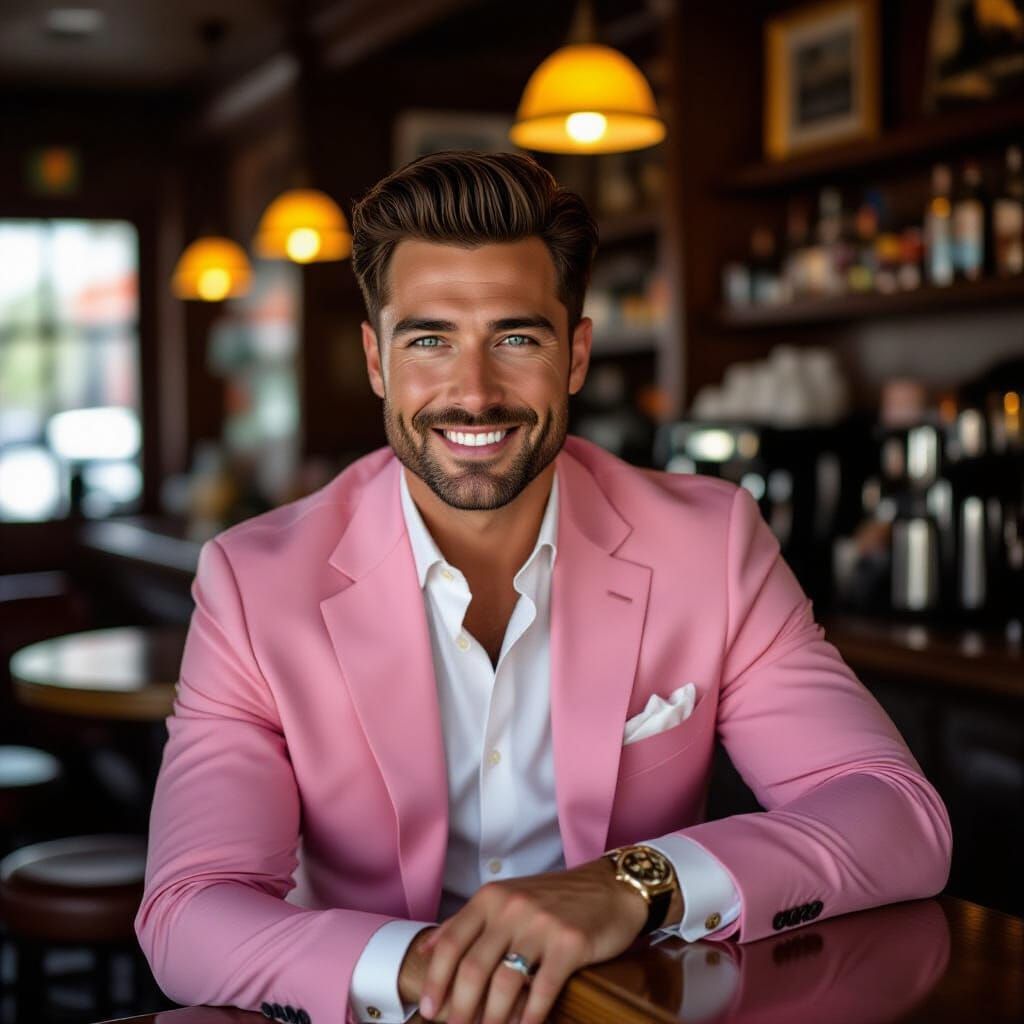 Man in Pink Suit Leaning on Counter in Film Still