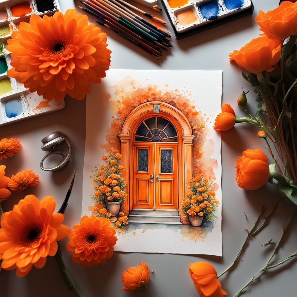 Hyperrealistic Watercolor of Orange Door and Flowers
