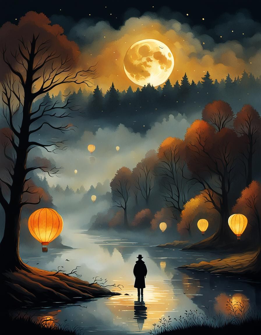 Ethereal Moonlit Riverbank in Gouache Style