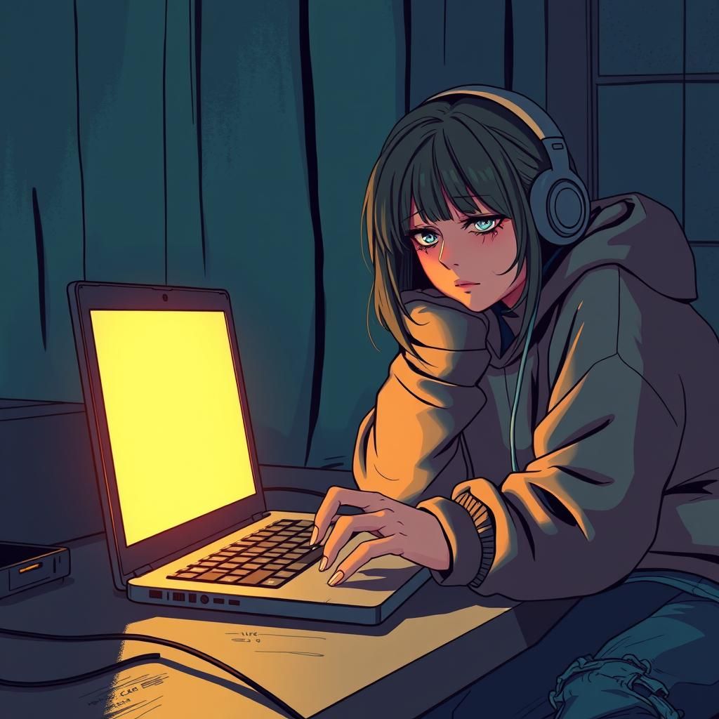 Sorrowful Woman in Manga Style with Vibrant Colors