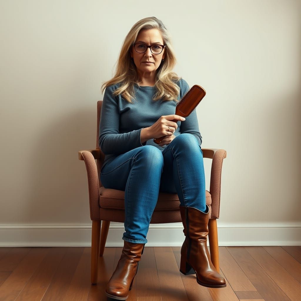 Realistic Portrait of Mature Woman with Hairbrush