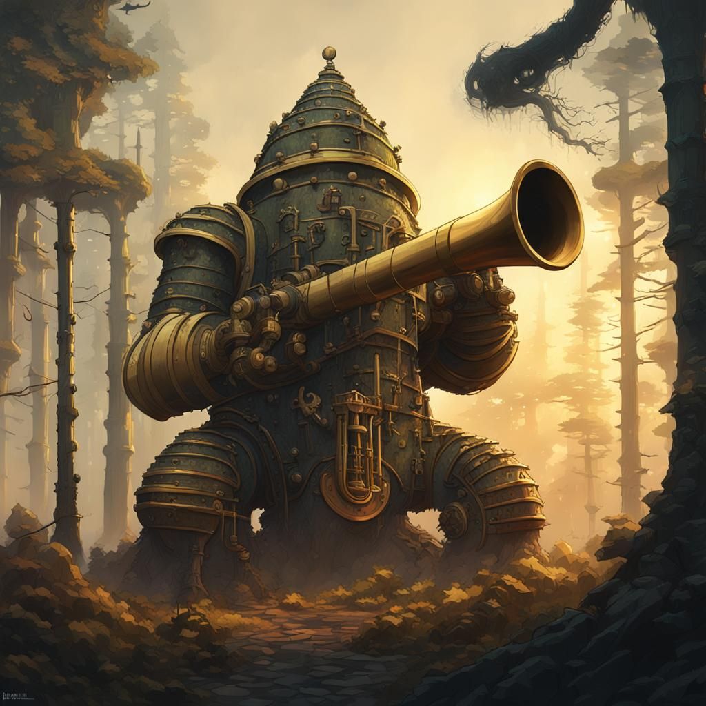 Brass Cannon Golem in Mystical Forest