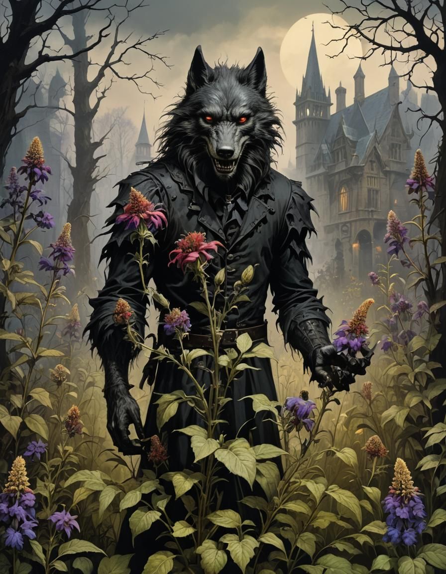 Gothic Wolfsbane Plant with Werewolf, Vintage Botany