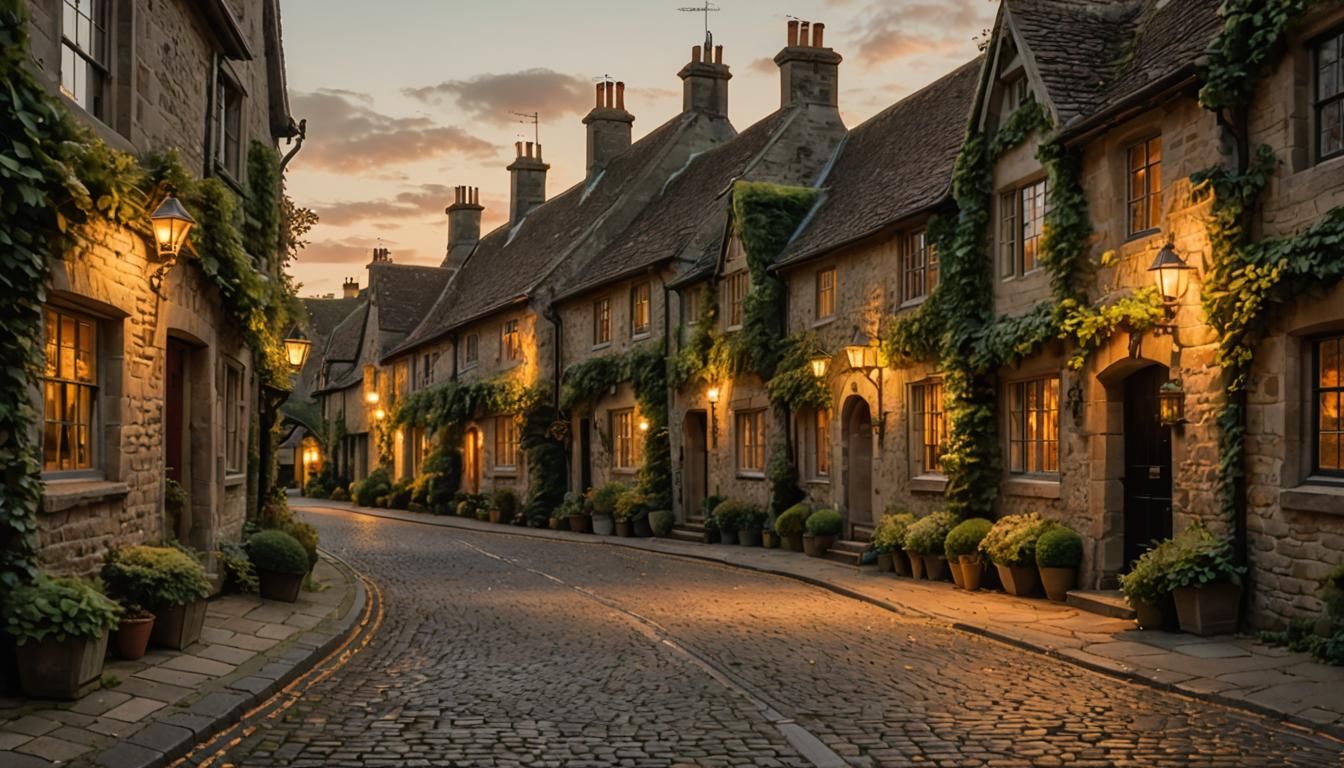 Twilight Village Street in Impressionistic Style