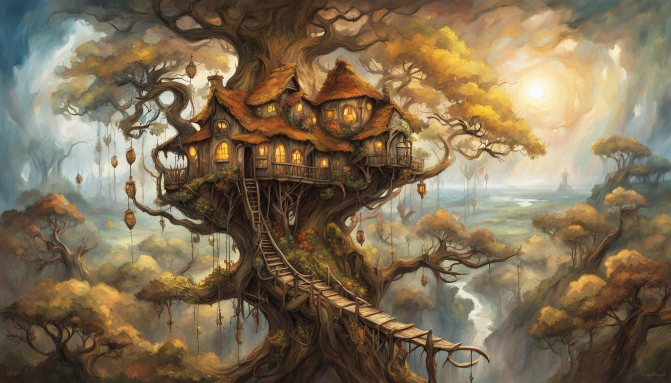 Fantasy Treehouse Colony in Vibrant Oil Painting