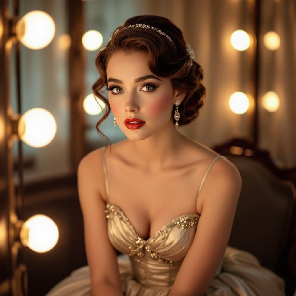 Elegant Young Actress Backstage in Classic Portraiture Style
