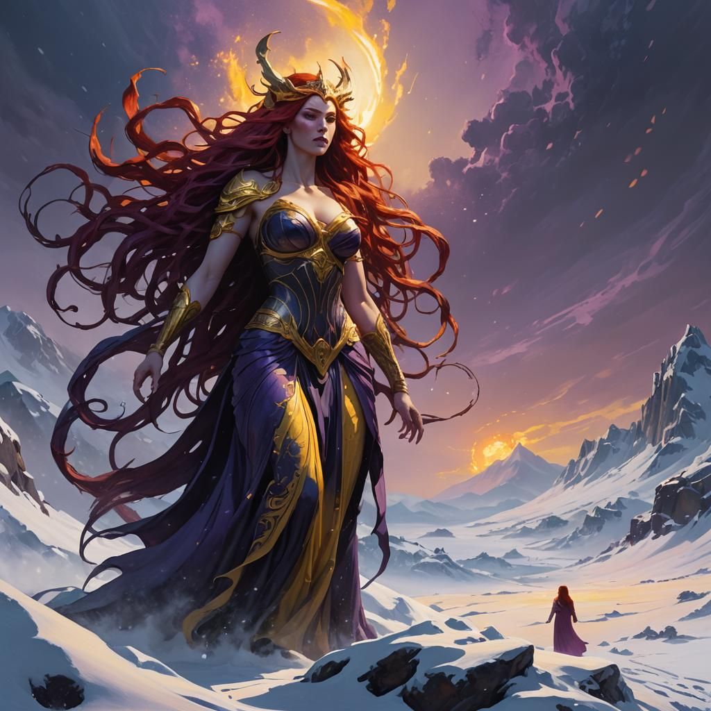 Gigantic Siren Goddess in Snowy Fantasy Landscape