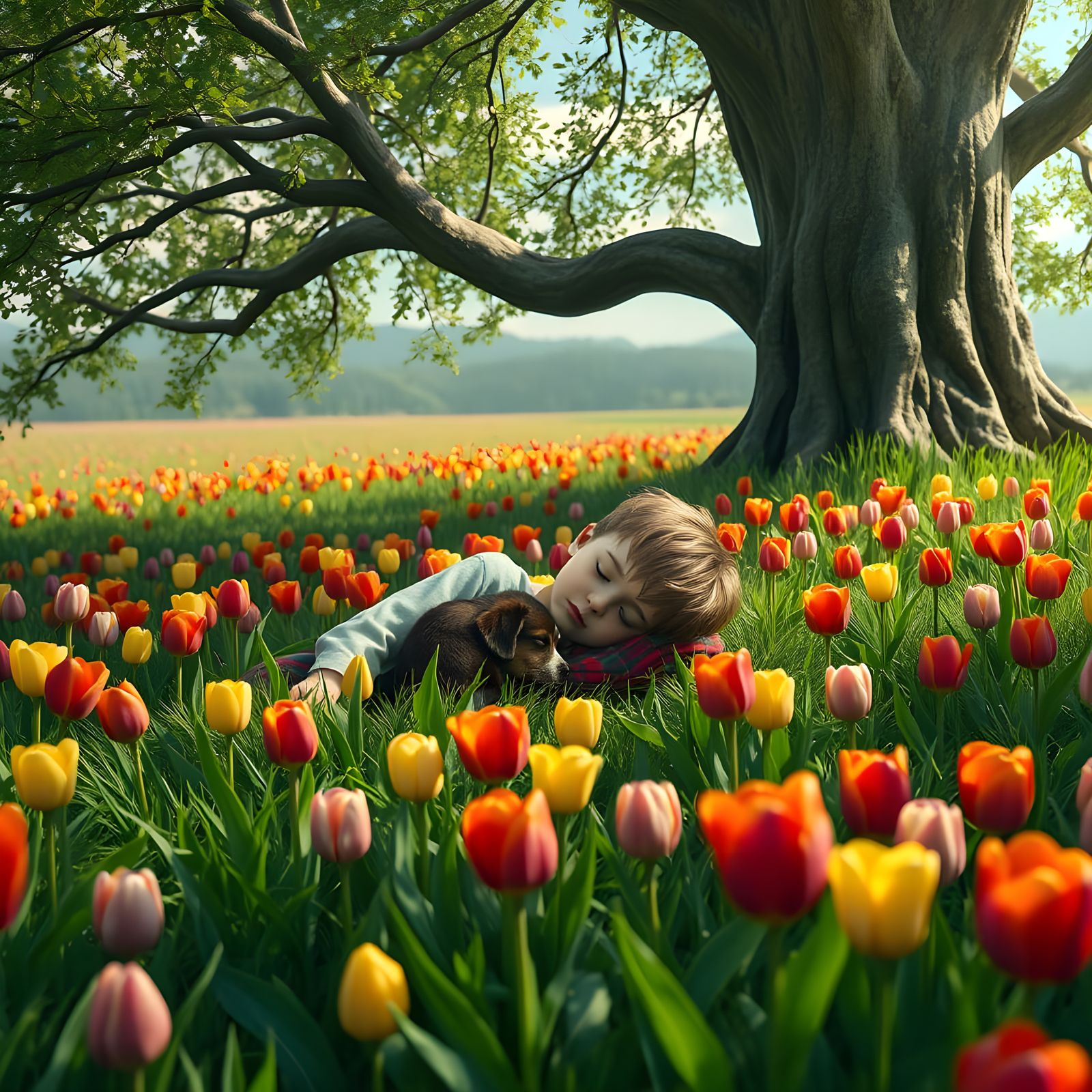 Serene Boy Sleeping Under Majestic Green Tree with Puppy and...