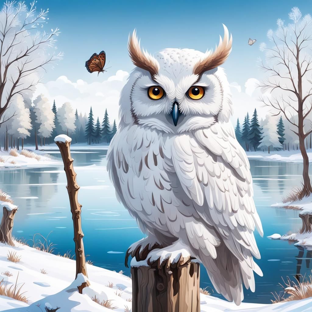 White Owl with Butterfly in Winter Scene