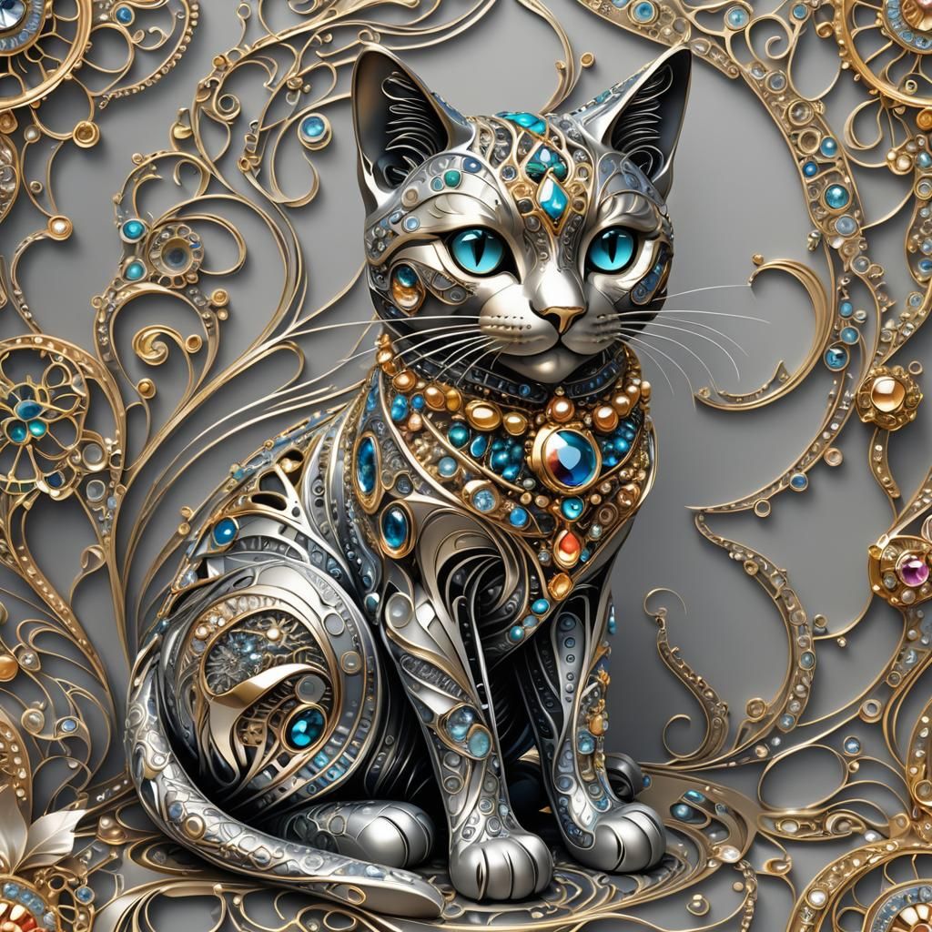 Metallic Cat Statue with Gems and Jewelry