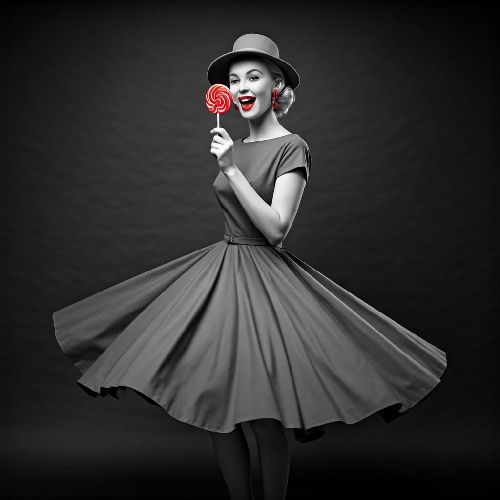 Joyful Woman Twirling in Black and White Fashion Photo