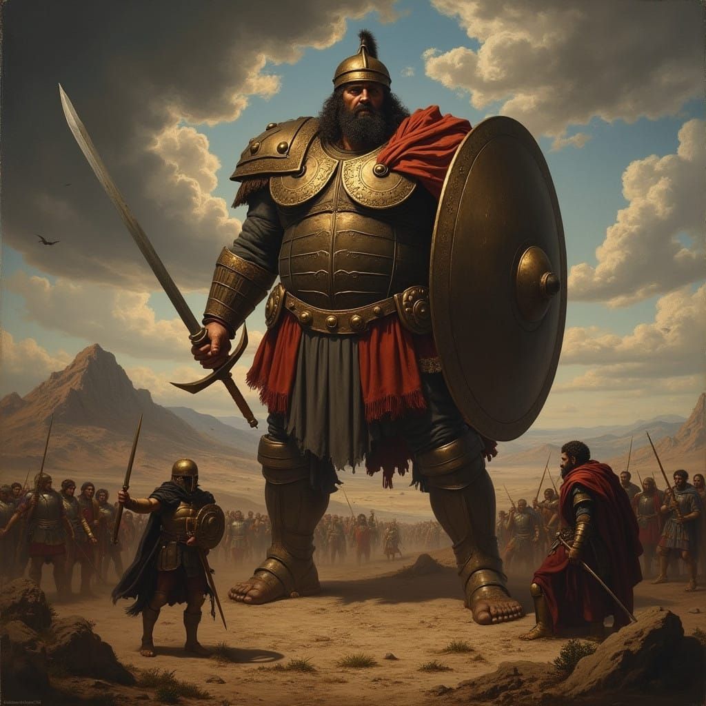 Golias, a Formidable Giant, Challenges the Israelites