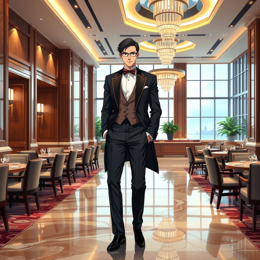 Sleek Spy in Elegant Meeting Room Anime Style