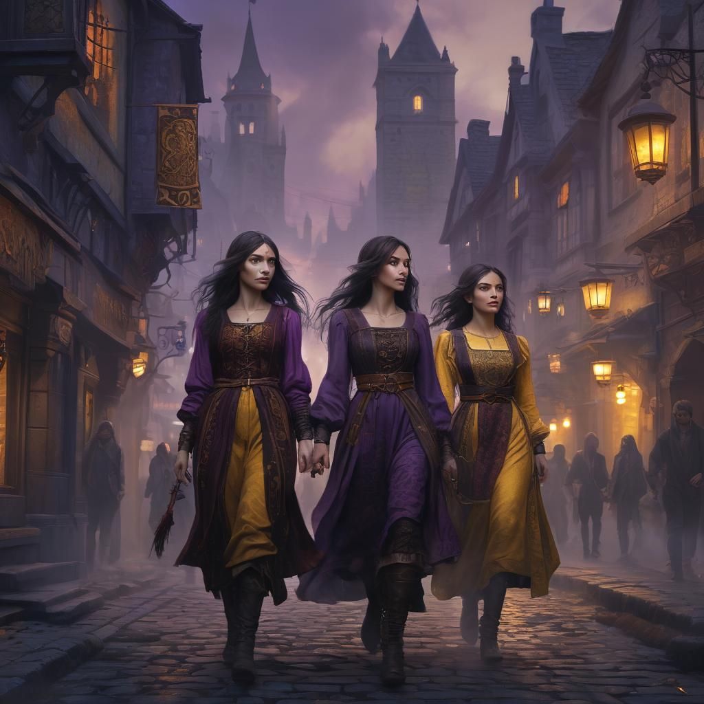 Medieval Girls in City: Dark Fantasy Art