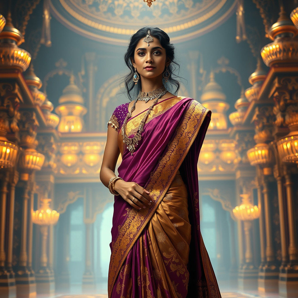 Indian Woman in Ornate Sari, Maximalist Digital Art