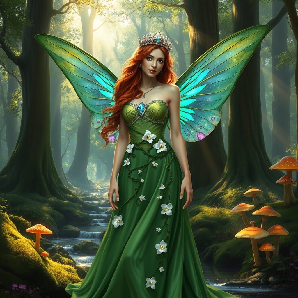 A textured oil painting depicts "Fairy Queen Lyra" standing gracefully within a sun-dappled clearing in an ancient fores...