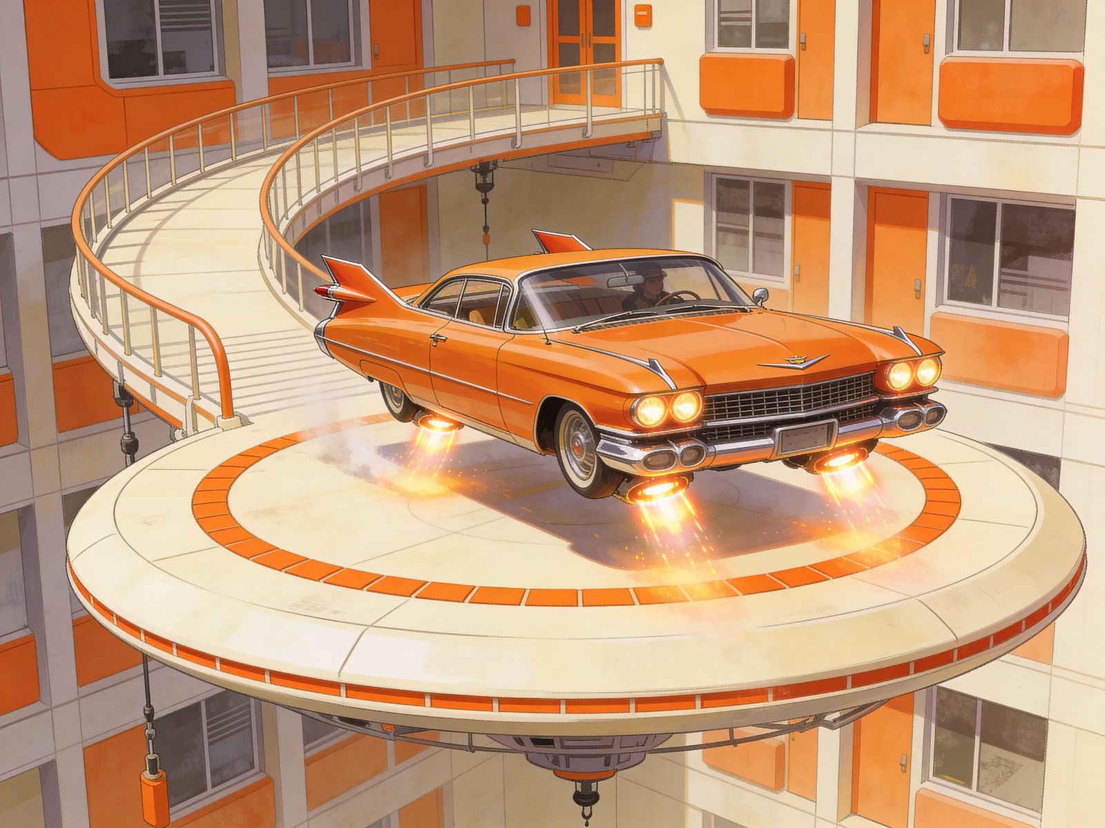 Retro Orange Flying Cadillac Lands on Building Pad