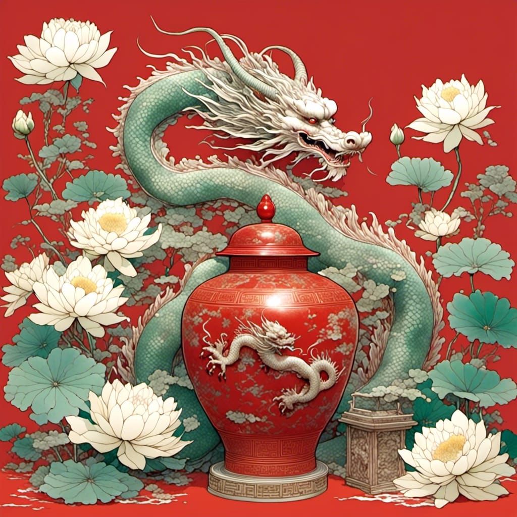 Jade Dragon Statue with Lotus Flower