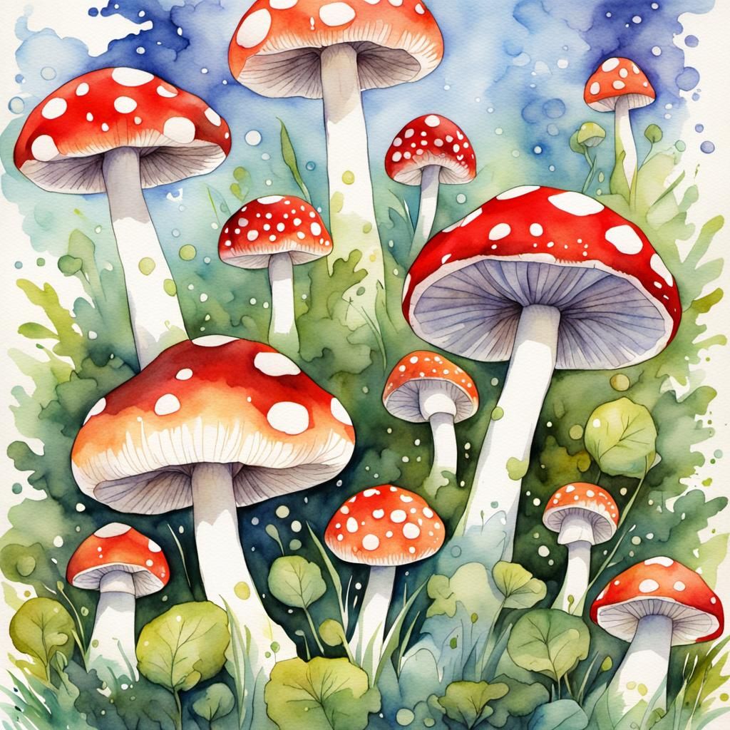 Watercolor Button Mushrooms in Anime Style