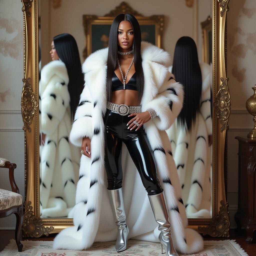 Young Woman in Fur Coat Reflected in Antique Mirror