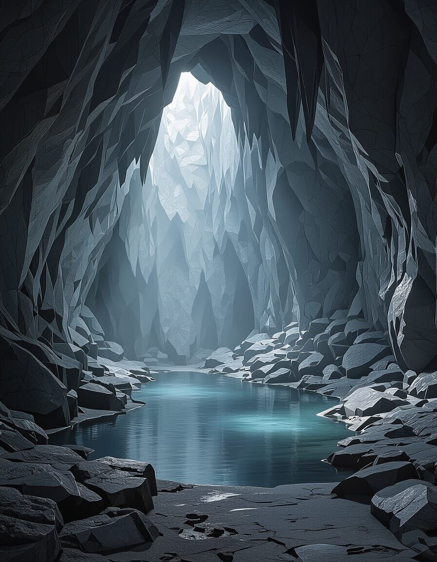 Mysterious Cave with Glowing Stones and Still Water